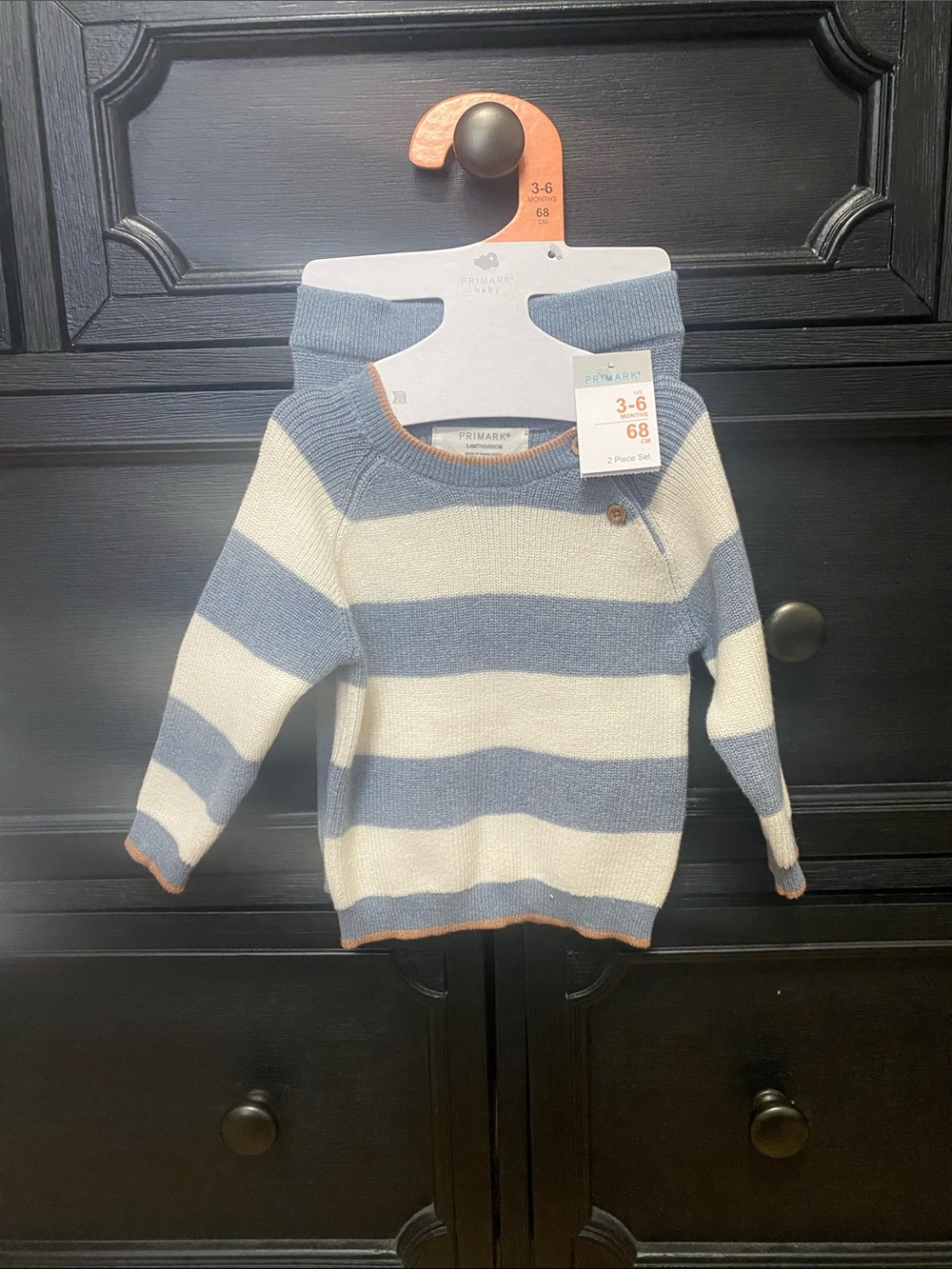 Primark Striped Baby Knit Jumper in Blue and Cream with Tan Trim